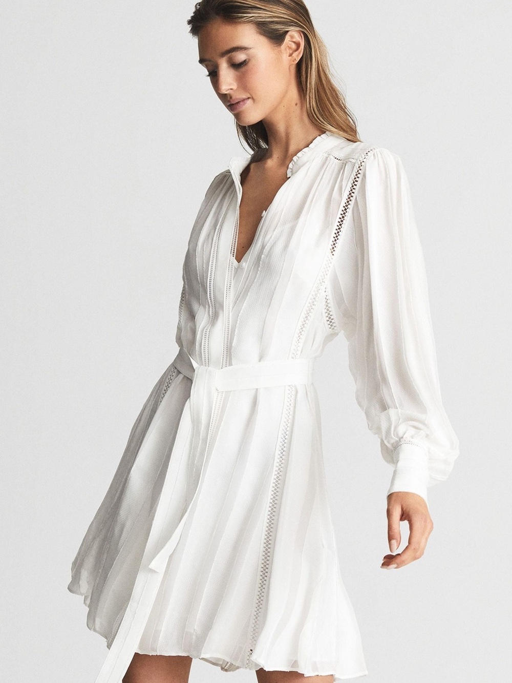 REISS Long-Sleeve White V-Neck Belted Mini Dress